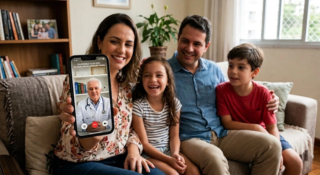 Família em consulta de telemedicina